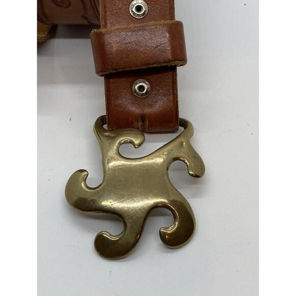 Brown Women's Embossed Belt Genuine Leather Size 26 Brass Buckle - Picture 9 of 16